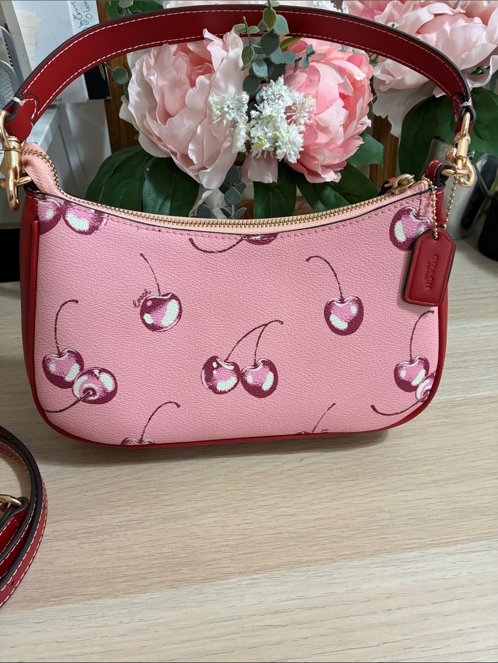 Coach Pink Cherry-Print Leather Shoulder Bag with Red Trim - Picture 4 of 6